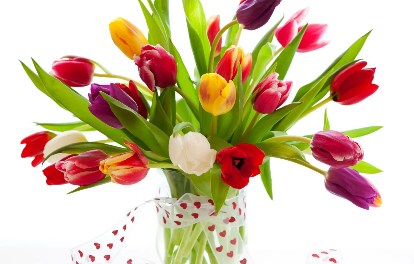 Фото обои букет, лента, тюльпаны, ваза