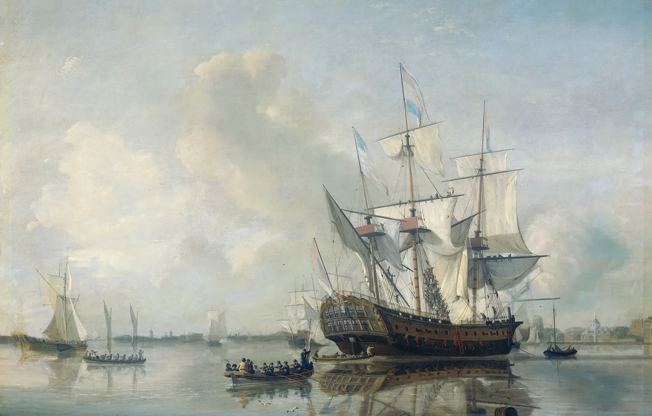 Фото обои лодка, корабль, картина, паруса, морской пейзаж, шлюпка, Nicolaas Baur, Фрегат Роттердам на Реке Маас в …