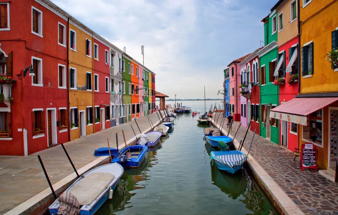Фото обои дома, лодки, Италия, Венеция, канал, остров Бурано