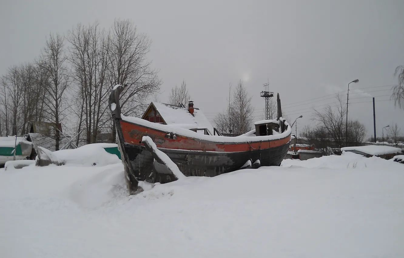 Фото обои зима, баркас, Петрозаводск, Онежское озеро