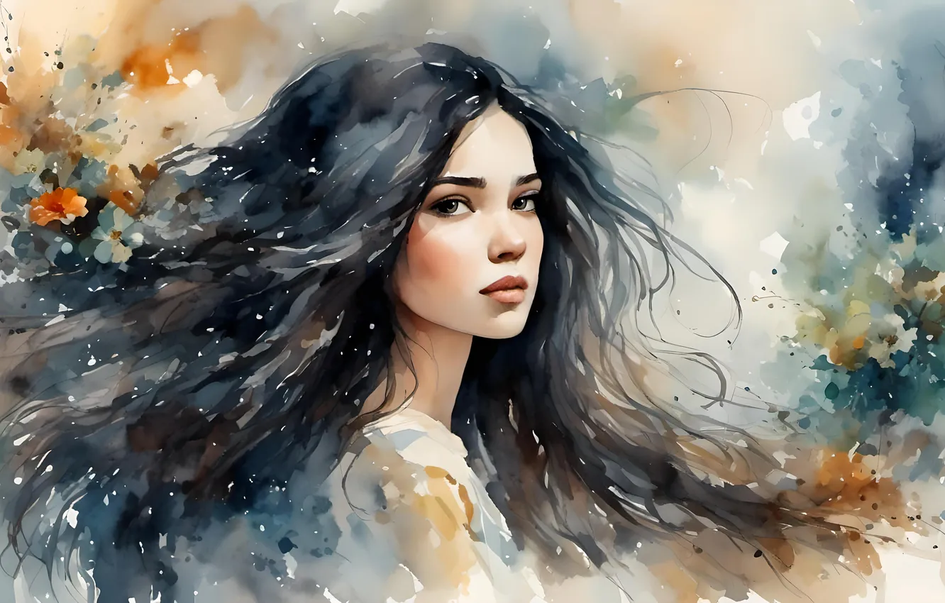 Фото обои взгляд, девушка, цветы, рисунок, портрет, картина, брюнетка, акварель