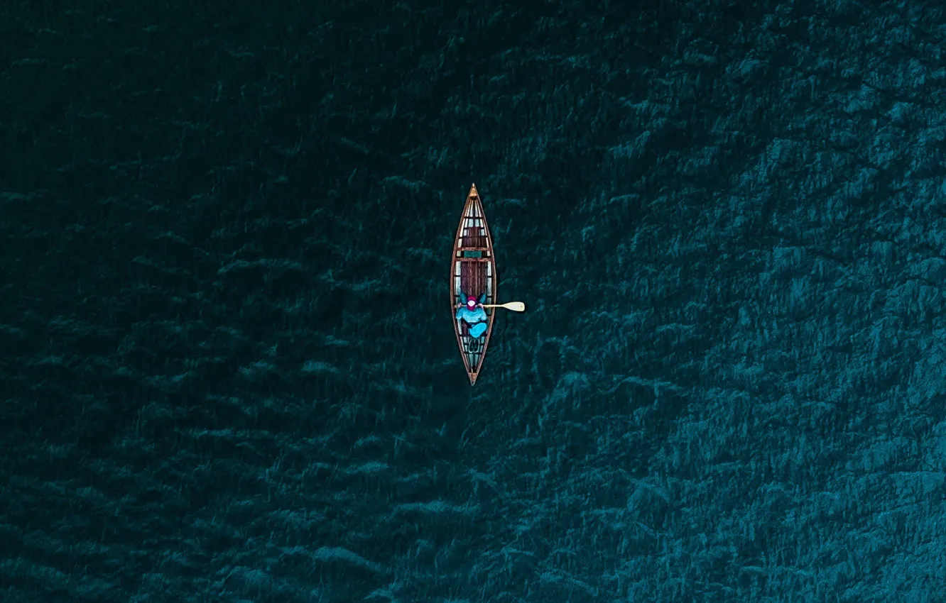 Фото обои вода, река, лодка, рыбак, вид сверху, water, boat, view from above
