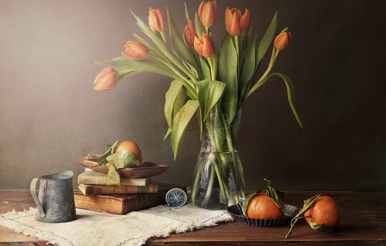 Фото обои фон, тюльпаны, мандарины