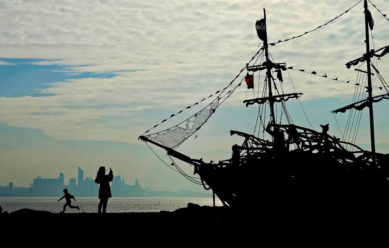 Фото обои корабль, Англия, силуэт, порт, Уолласи