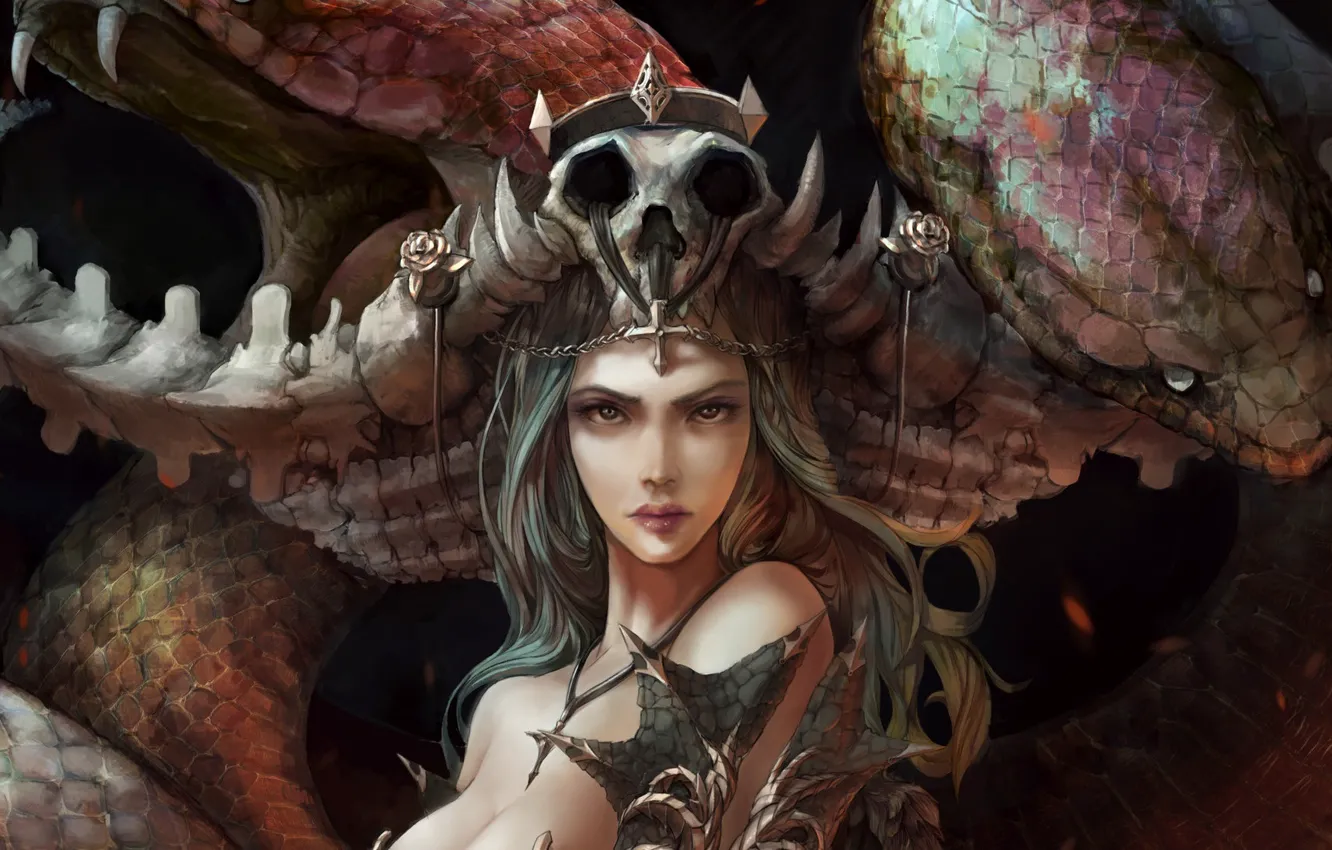 Фото обои взгляд, девушка, череп, розы, змея, арт, фэнтази