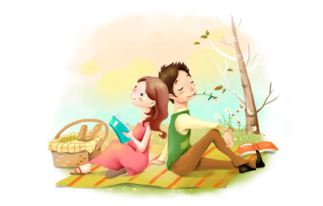 Фото обои девушка, цветы, рисунок, позитив, хлеб, парень, пикник, корзинка