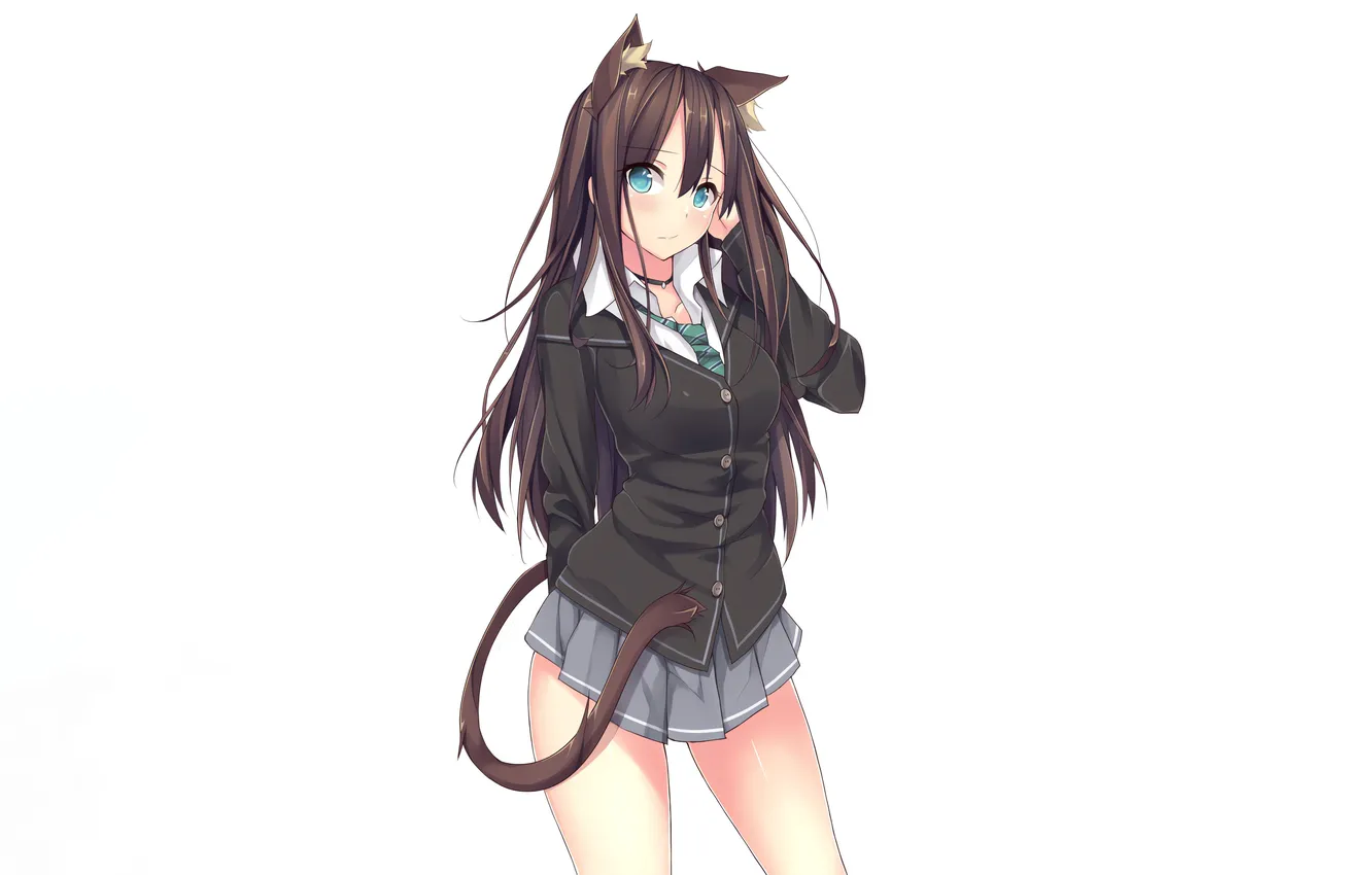 Фото обои girl, sexy, school uniform, green eyes, long hair, brown hair, animal ears, sexy girl