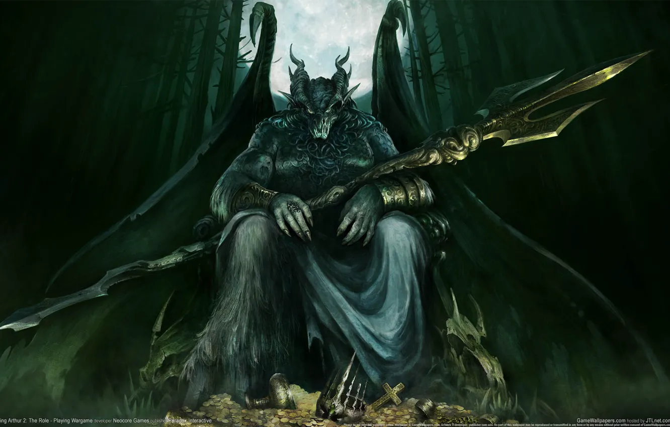 Фото обои лес, оружие, луна, крылья, монстр, демон, рога, сокровище