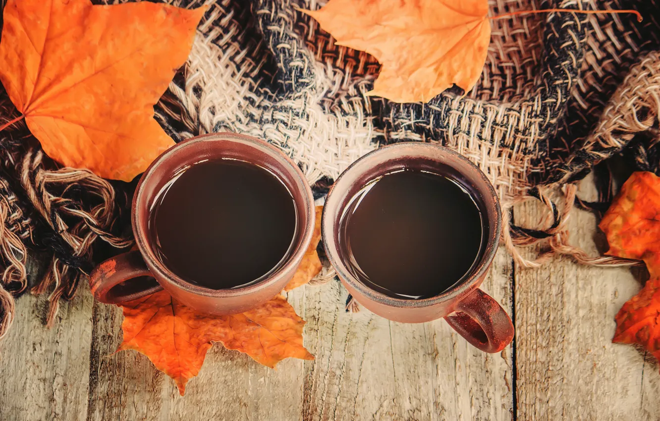 Фото обои осень, листья, плед, wood, autumn, leaves, coffee cup, чашка кофе