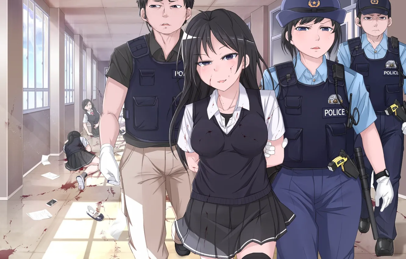 Фото обои girl, blood, police, anime, assassin, cop, Japna, seifuku