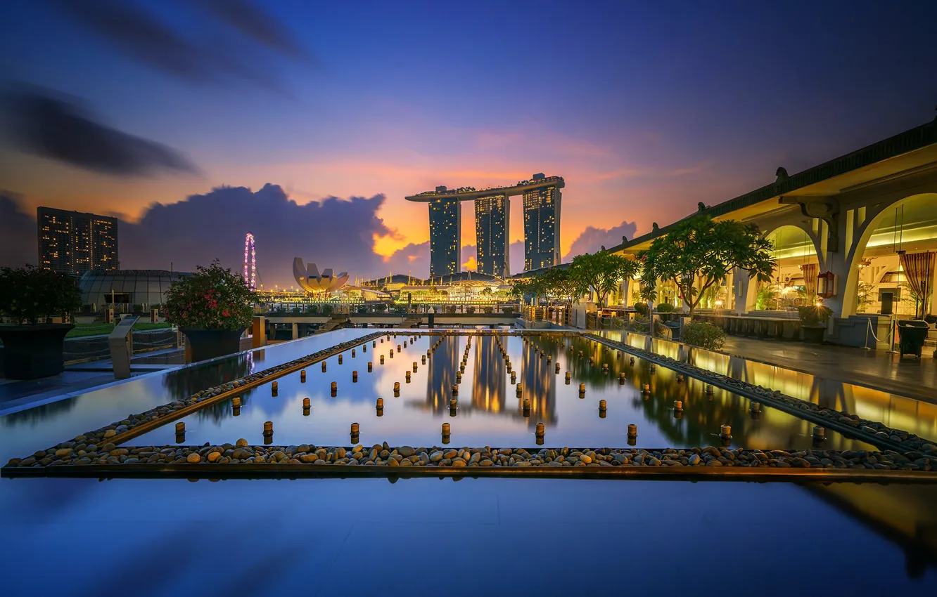 Фото обои огни, панорама, Азия, Сингапур