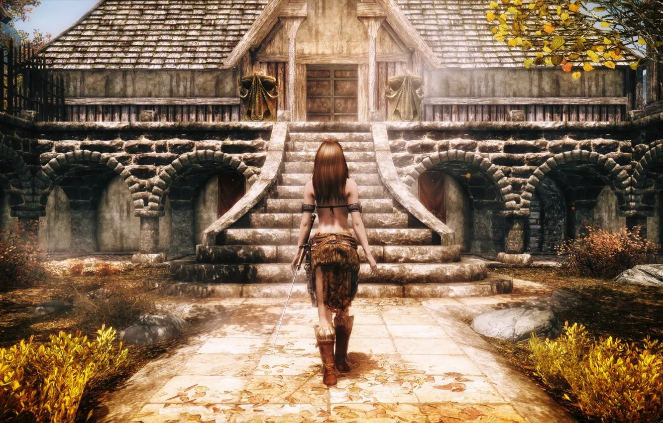 Фото обои дорога, трава, девушка, дом, The Elder Scrolls V Skyrim