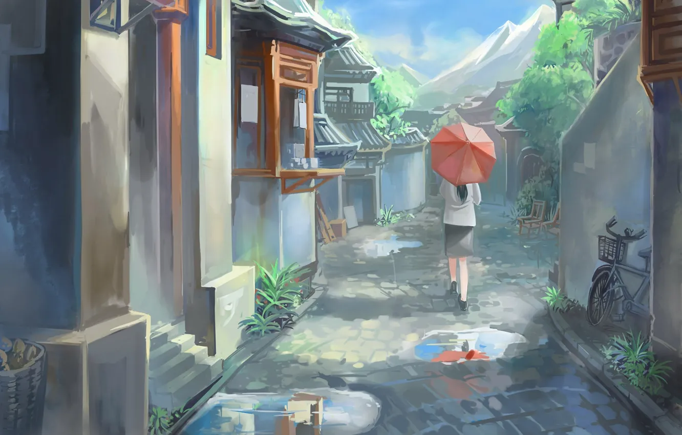 Фото обои лето, девушка, горы, велосипед, город, зонтик, рисунок, дома
