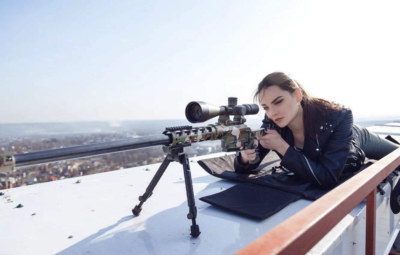 Фото обои Девушкa, Снайперская винтовка Лобаева, ДВЛ-10 «Урбана», Лежит на крыше