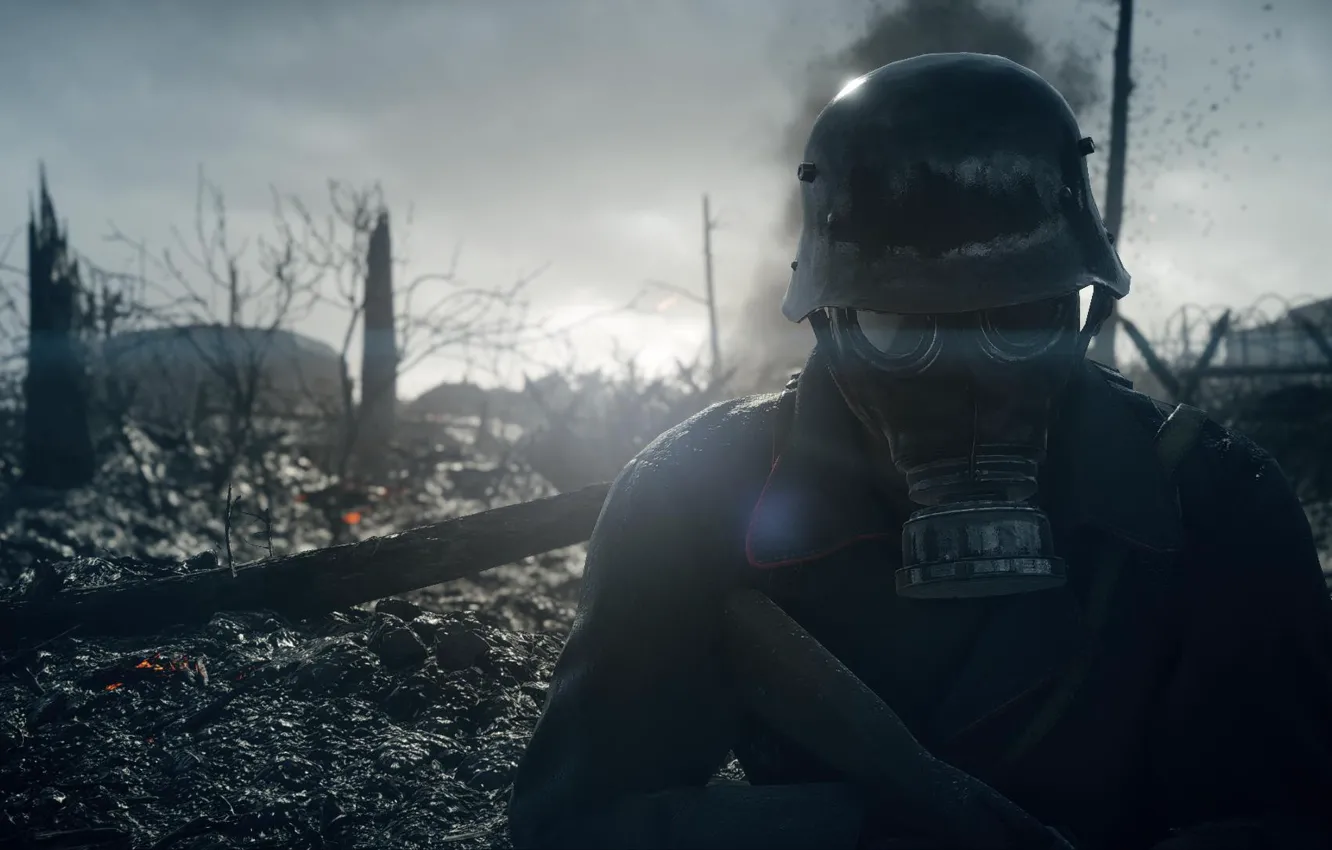Фото обои солдат, противогаз, шлем, Electronic Arts, воина, Battlefield 1