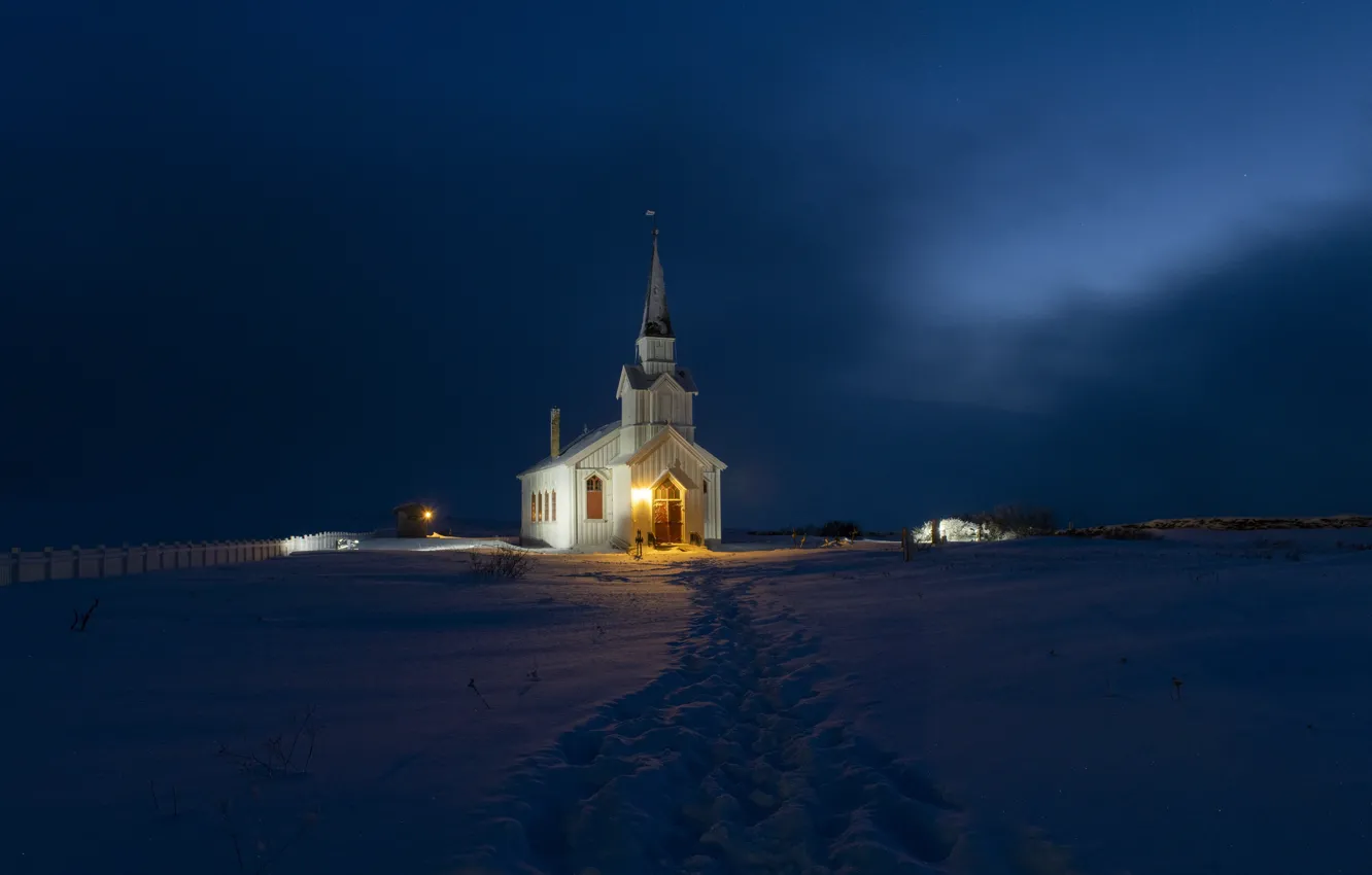 Фото обои снег, вечер, Норвегия, церковь, Finnmark
