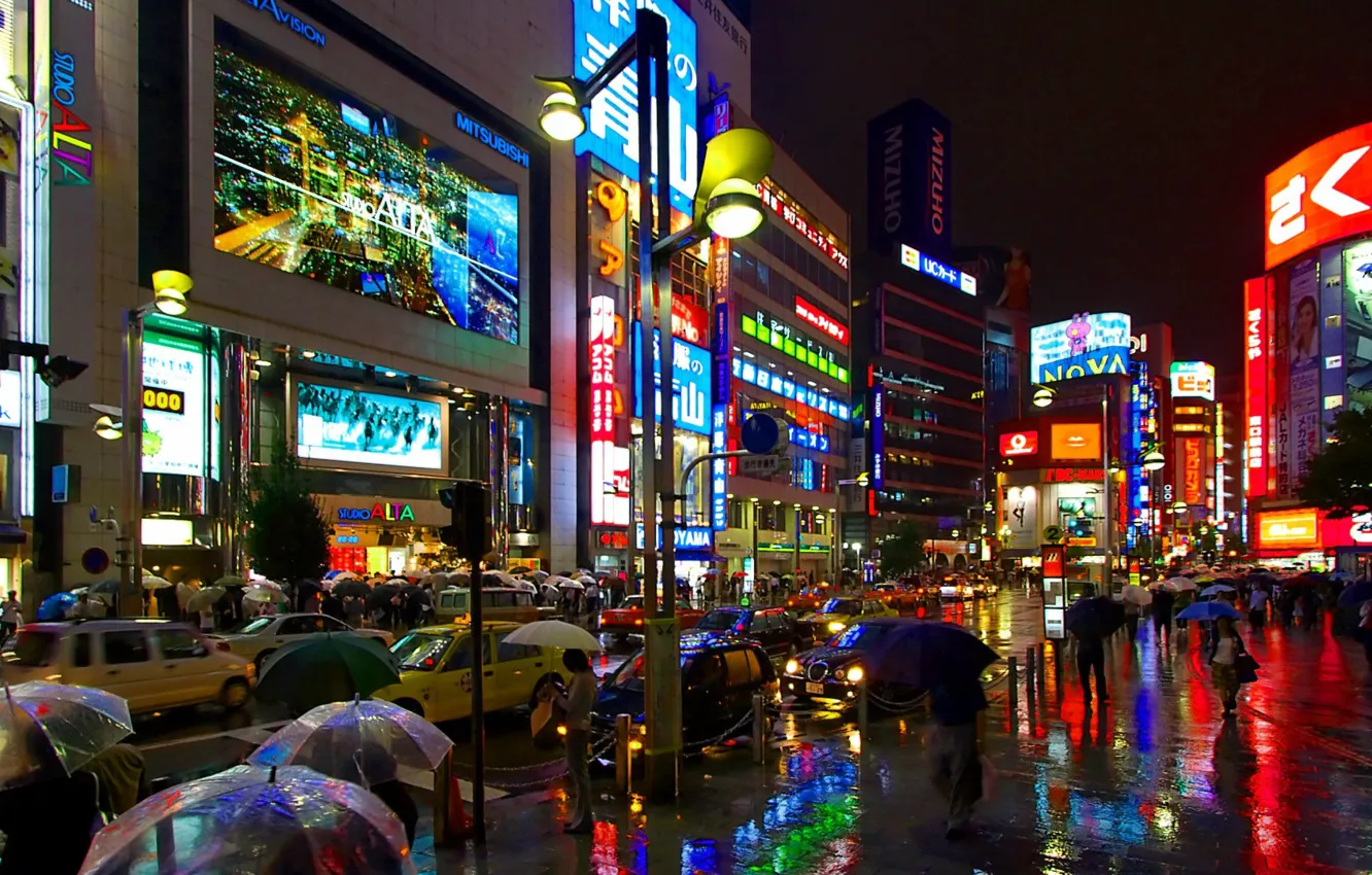 Фото обои машины, люди, дождь, улица, Tokyo, Japan