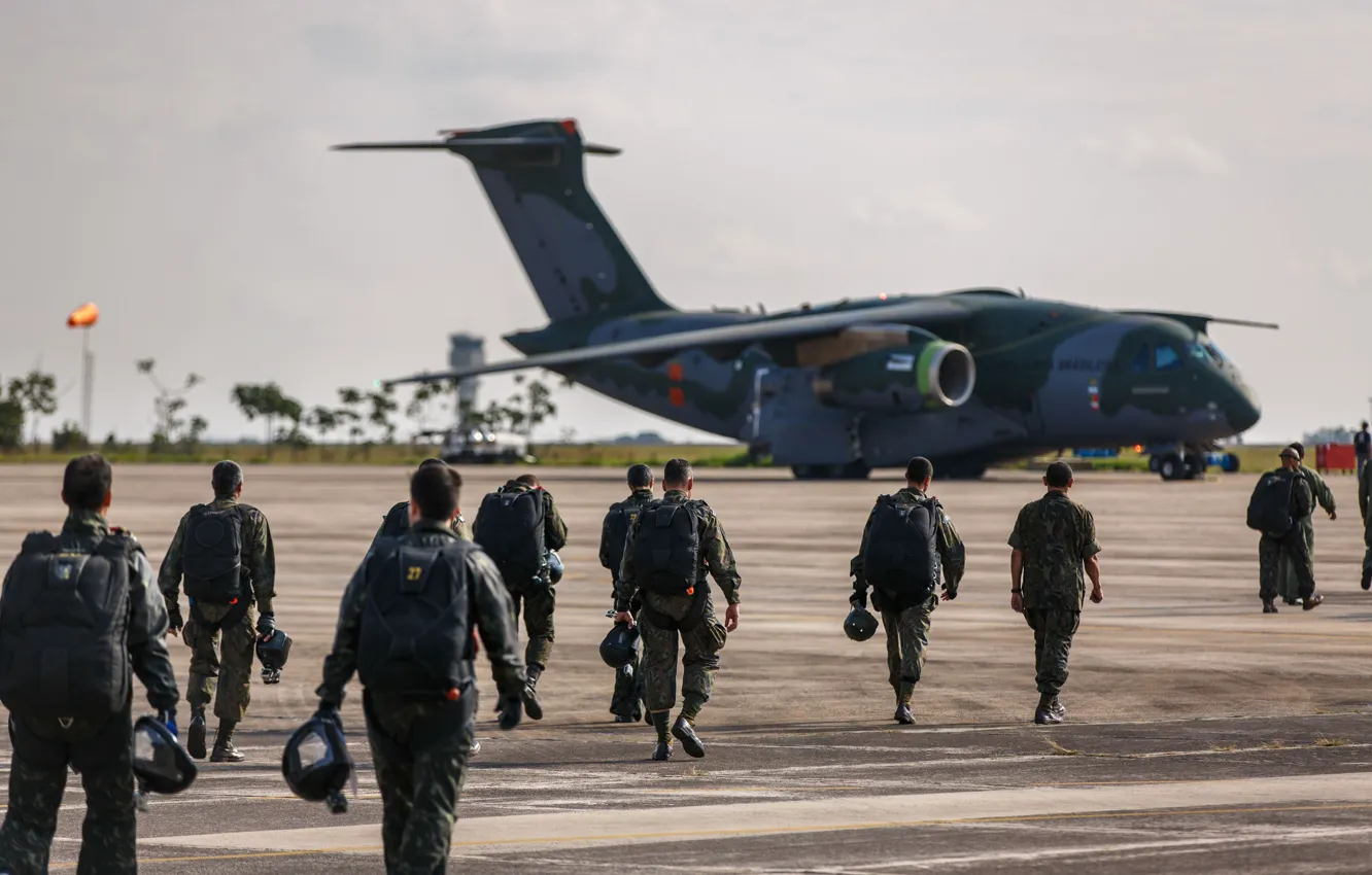 Фото обои FAB, Embraer, KC-390, paratroopers, military aircraft, Força Áerea Brasileira, Brazilian Air Force