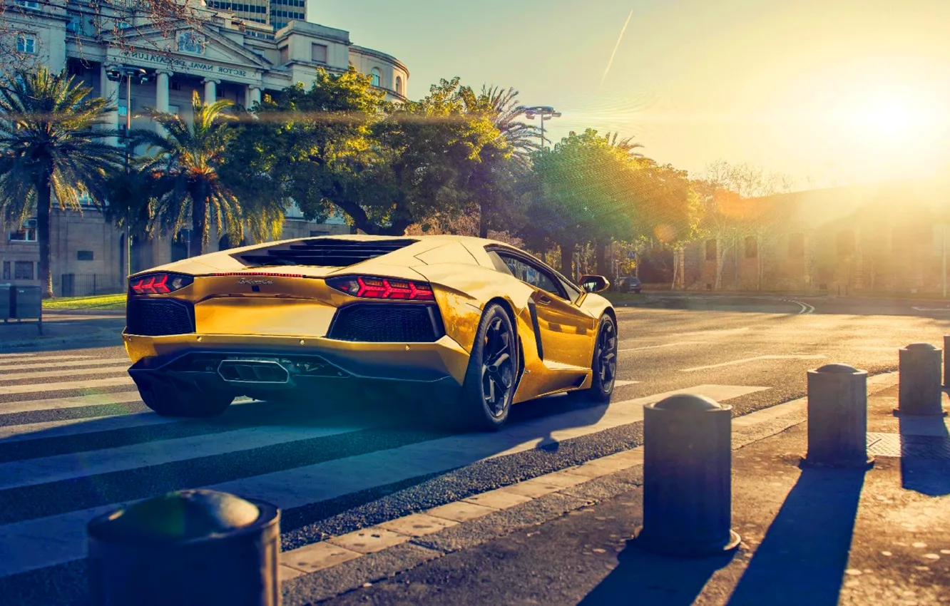Фото обои Lamborghini, Sun, Color, Sunset, LP700-4, Aventador, Back, Supercar