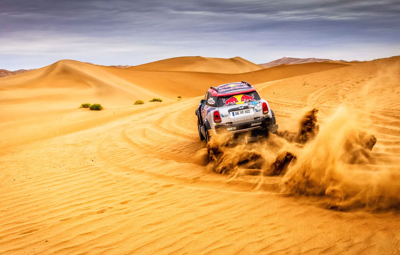 Фото обои Песок, Mini, Спорт, Пустыня, Скорость, Rally, Внедорожник, Ралли