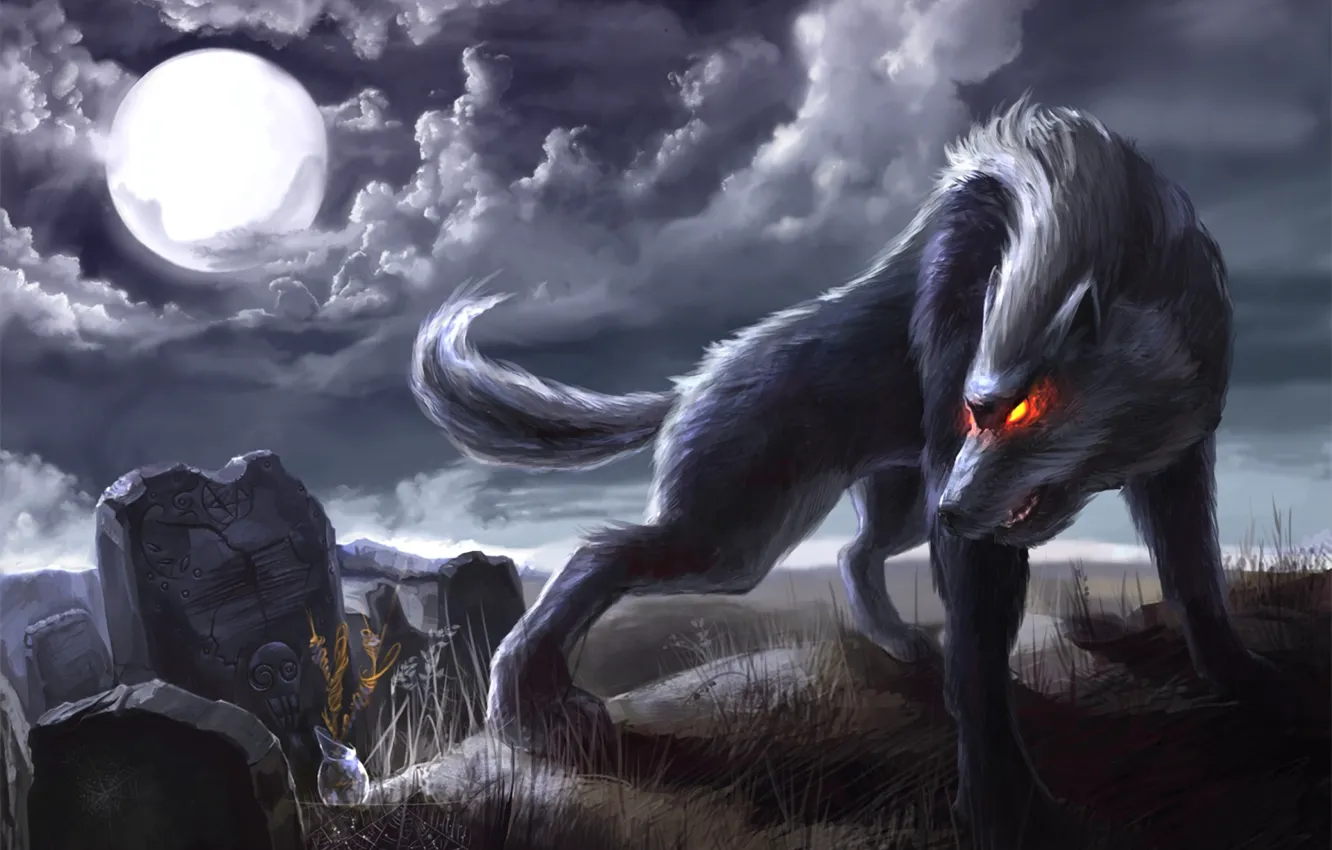 Фото обои ночь, луна, паутина, Волк, надгробия, горящие глаза