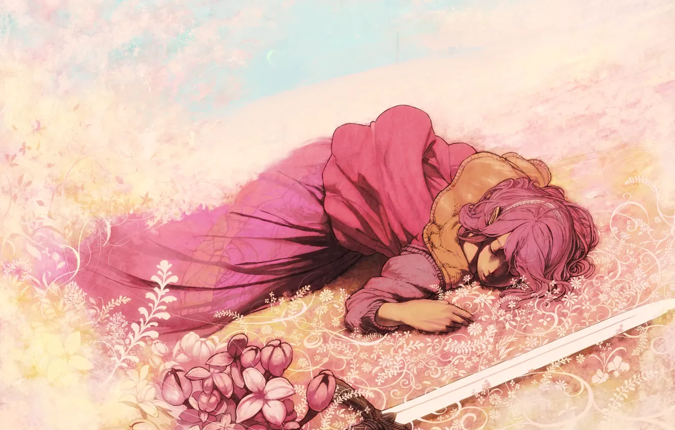 Фото обои девушка, цветы, меч, арт, лежит, kio naoki