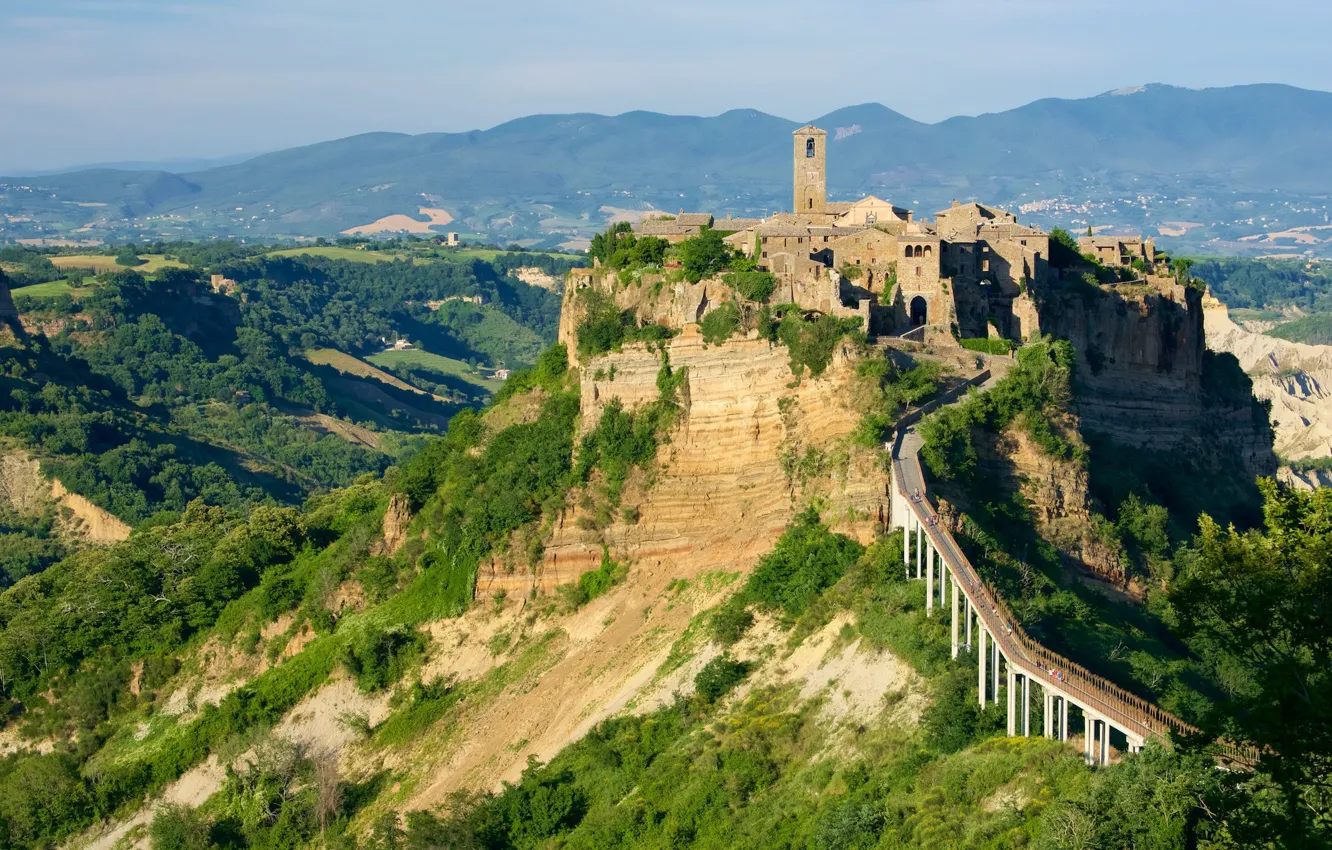 Фото обои дорога, Италия, Lazio, средневековая архитектура, гора город, Bagnoregio