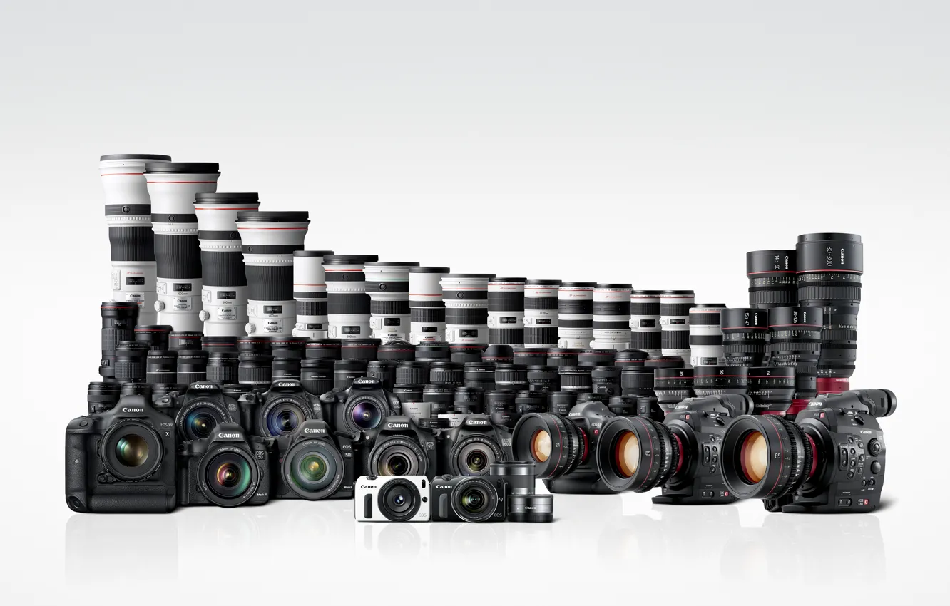 Фото обои обои, белый фон, Canon, фотоаппараты, EOS, объективы, видеокамеры