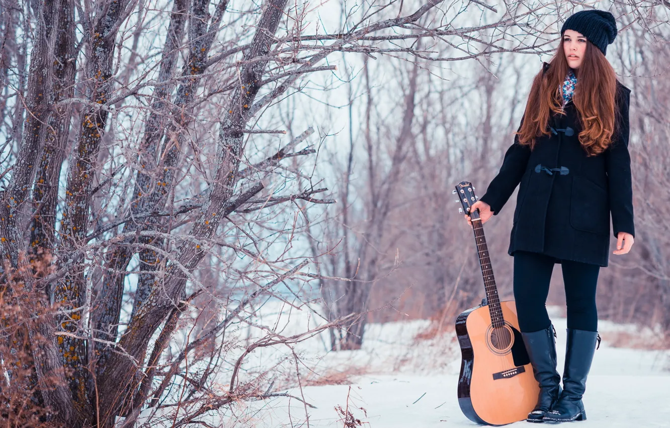 Фото обои girl, snow, guitare