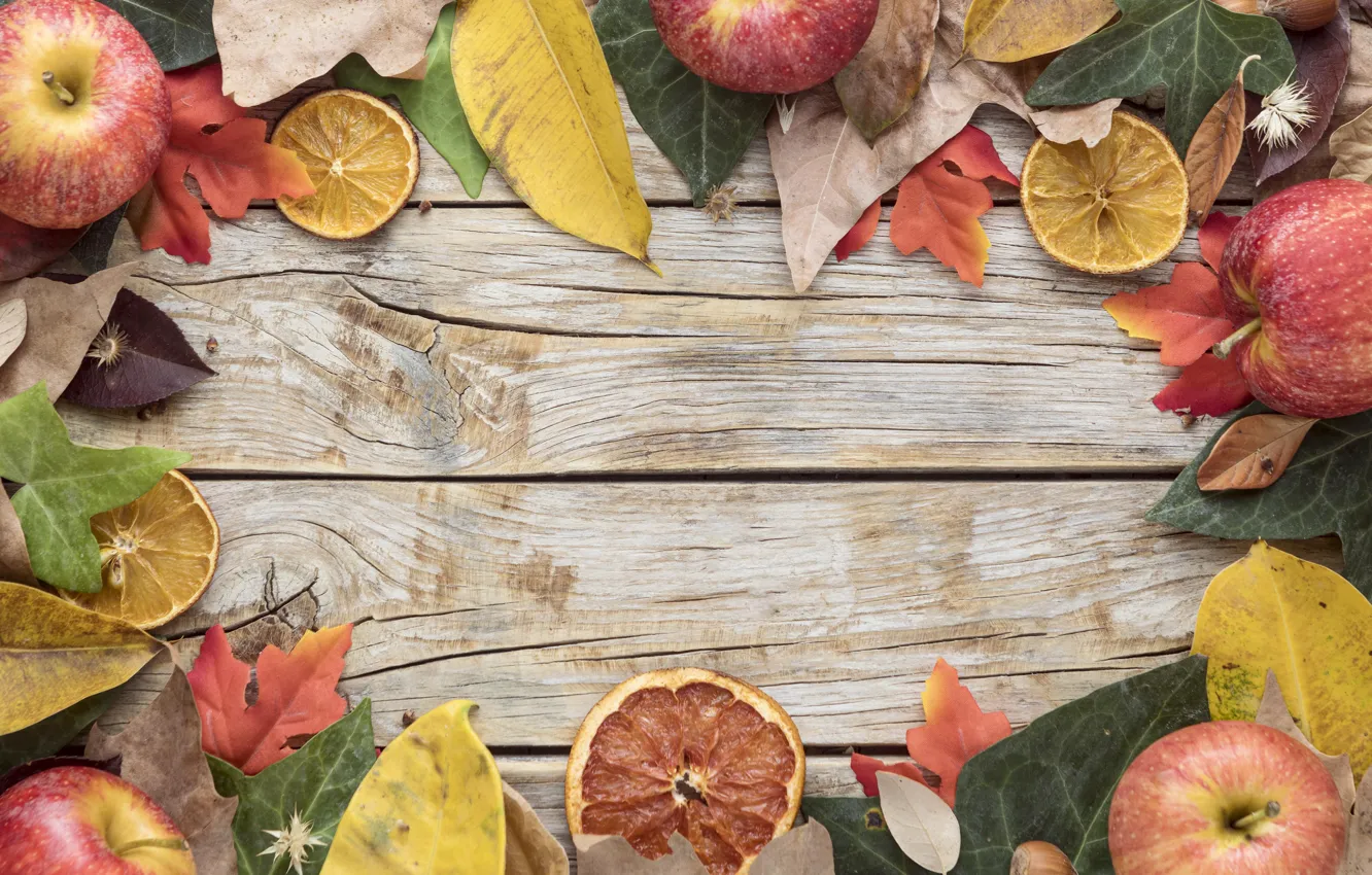 Фото обои осень, листья, фон, доски, colorful, урожай, фрукты, клен