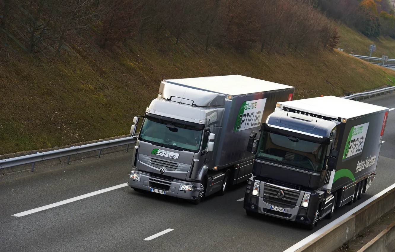 Фото обои грузовики, серый, чёрный, Renault, Magnum, 4x2, седельные тягачи, Premium Route