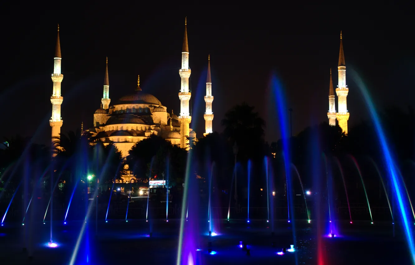 Фото обои ночь, фонтан, light, Стамбул, Турция, night, Istanbul, Turkey