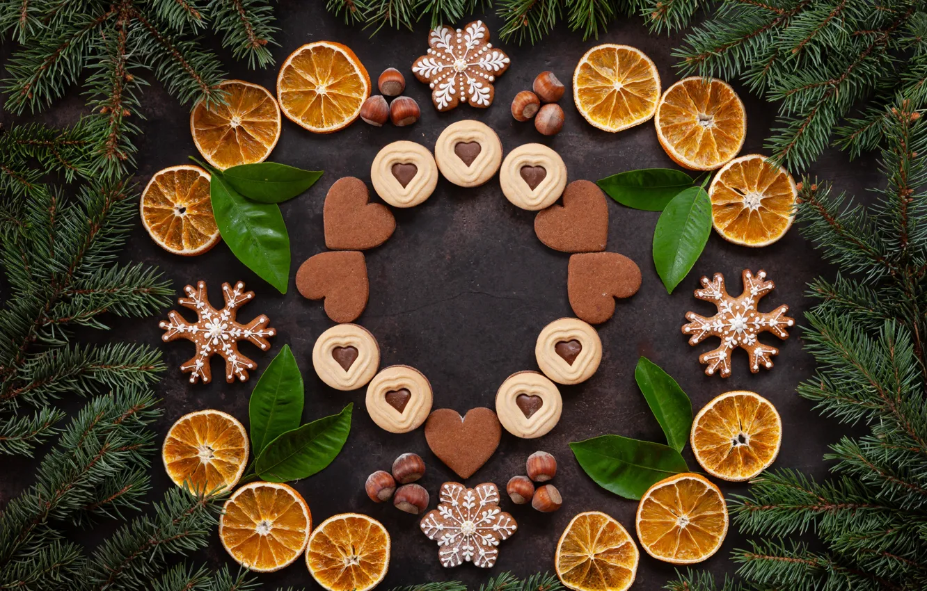 Фото обои украшения, апельсины, печенье, Рождество, Новый год, christmas, орехи, new year