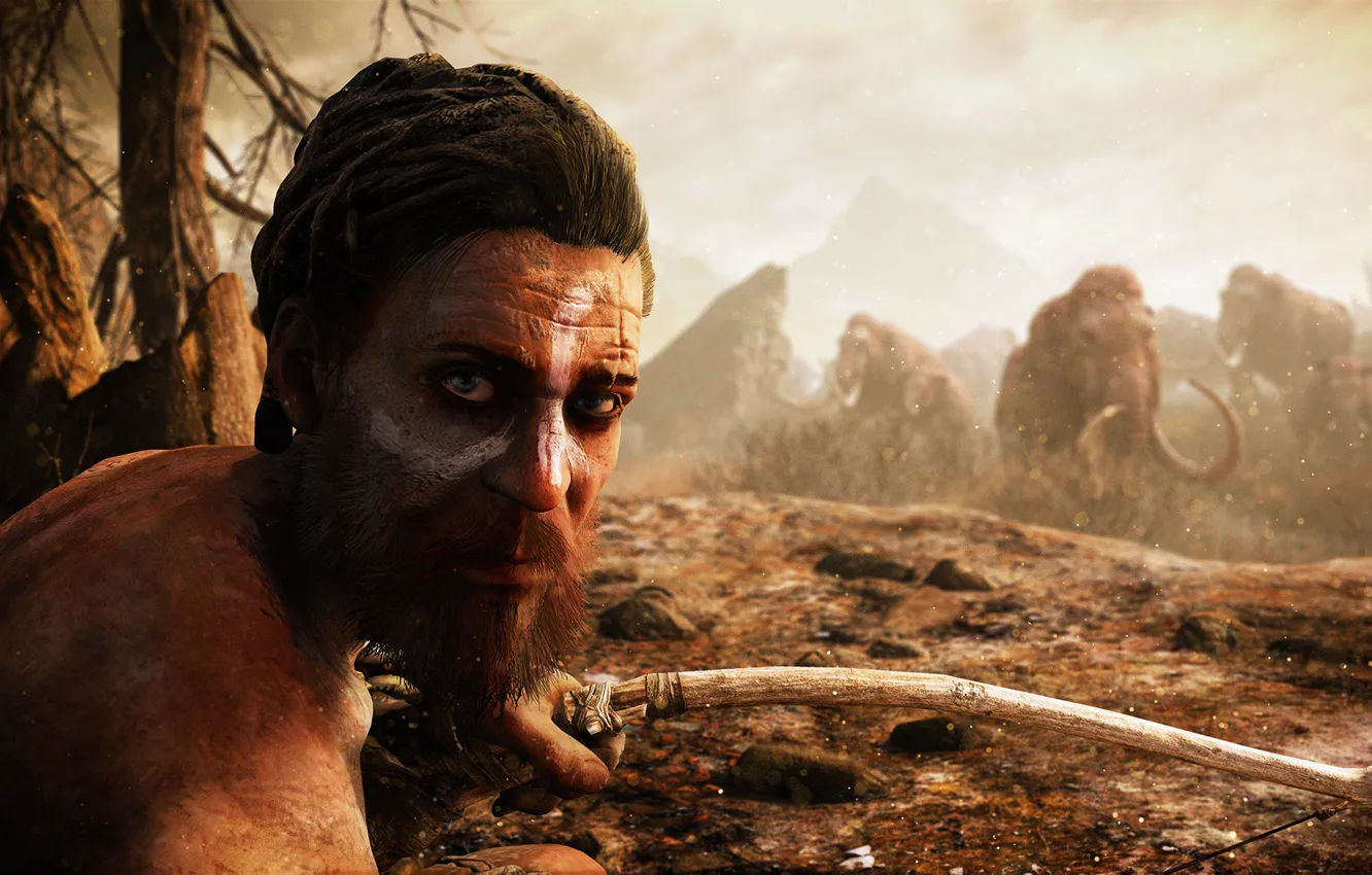 Фото обои Человек, Лицо, Лук, Far Cry, Ubisoft, Primal, Мамонты