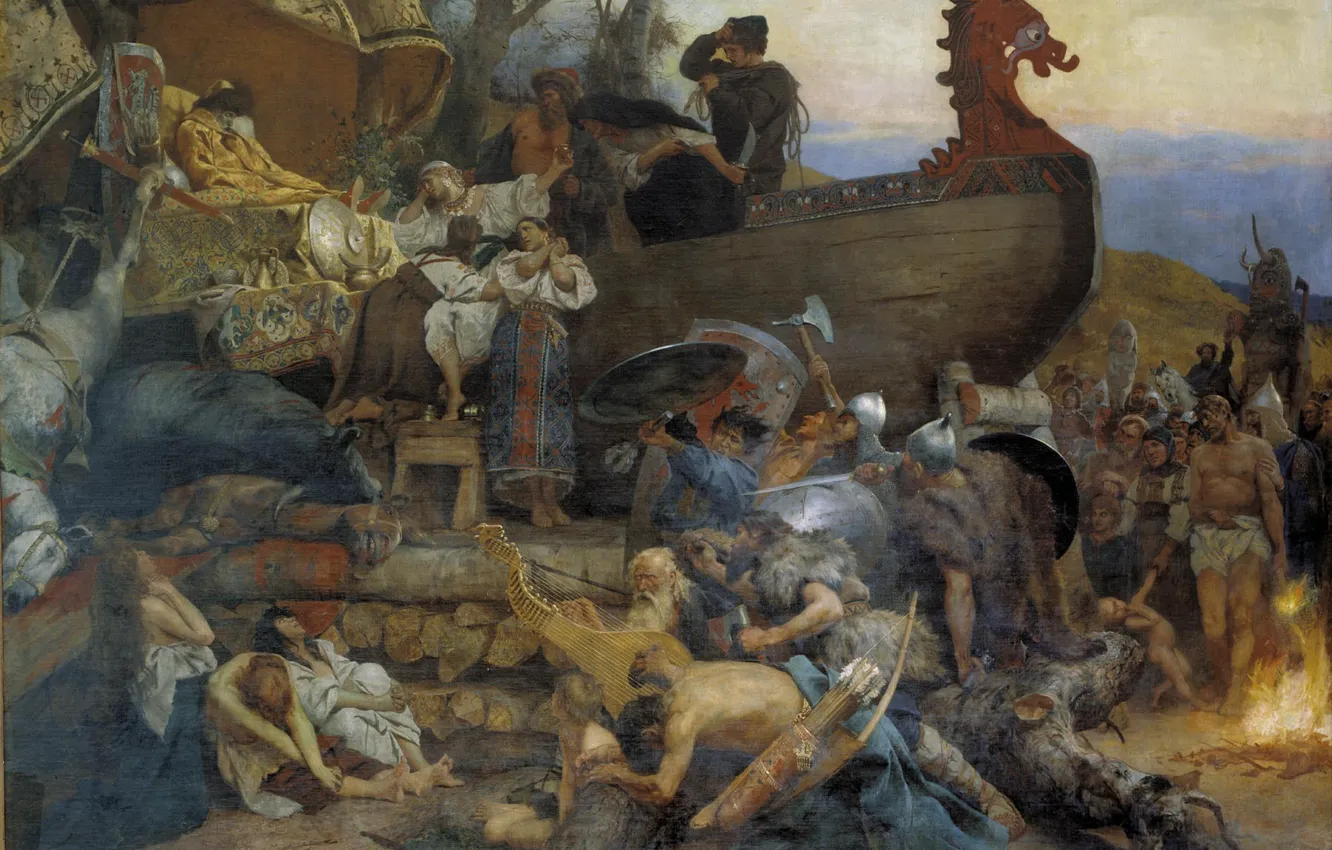 Фото обои корабль, масло, Холст, костёр, горе, Генрих СЕМИРАДСКИЙ, Похороны знатного руса