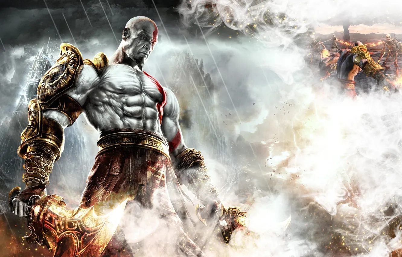 Фото обои fire, flame, sword, armor, god of war, kratos, god of war 3, ps3