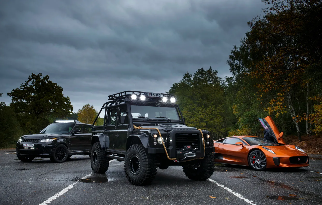 Фото обои Jaguar, три, Land Rover, Defender, C-X75, 2015, 007 Spectre