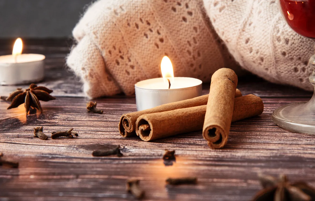 Фото обои свечи, шерсть, корица, специи, гвоздики, бадьян