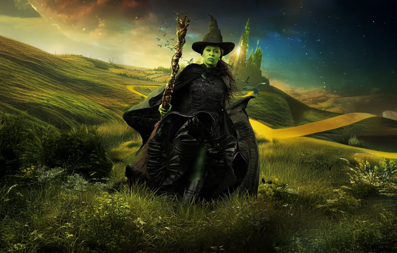 Фото обои замок, шляпа, луг, посох, ведьма, зелёная кожа, Wicked: Part One, Злая: Часть первая