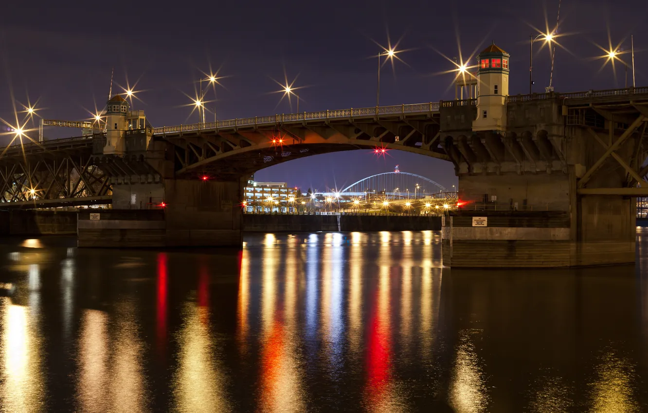 Фото обои ночь, мост, город, огни, река