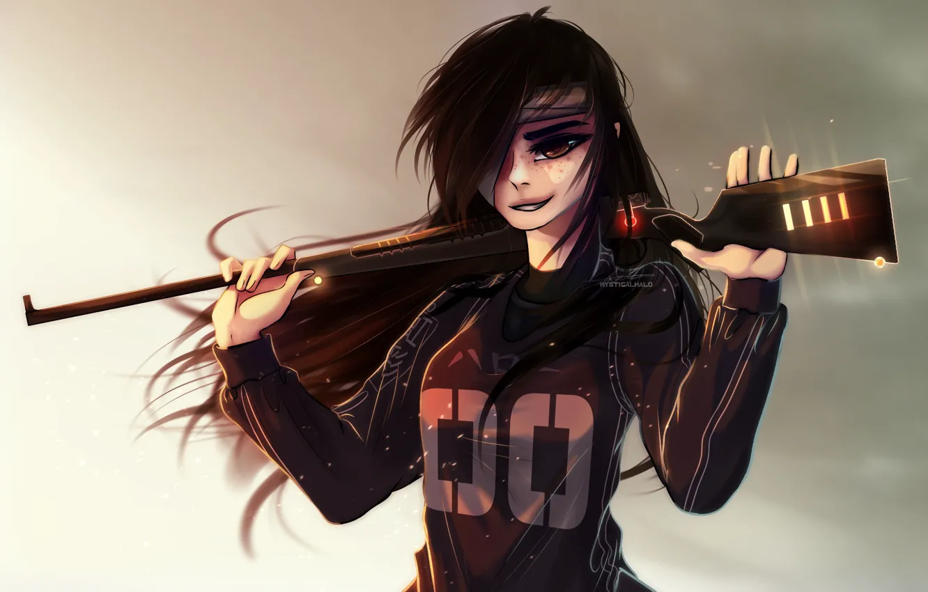 Фото обои оружие, аниме, длинные волосы, long hair, brown eyes, anime, карие глаза, weapons