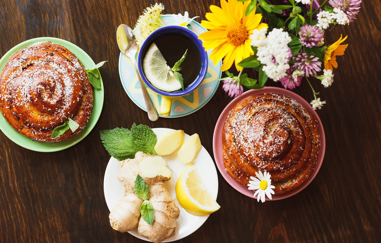 Фото обои цветы, лимон, чай, выпечка, булочки, имбирь