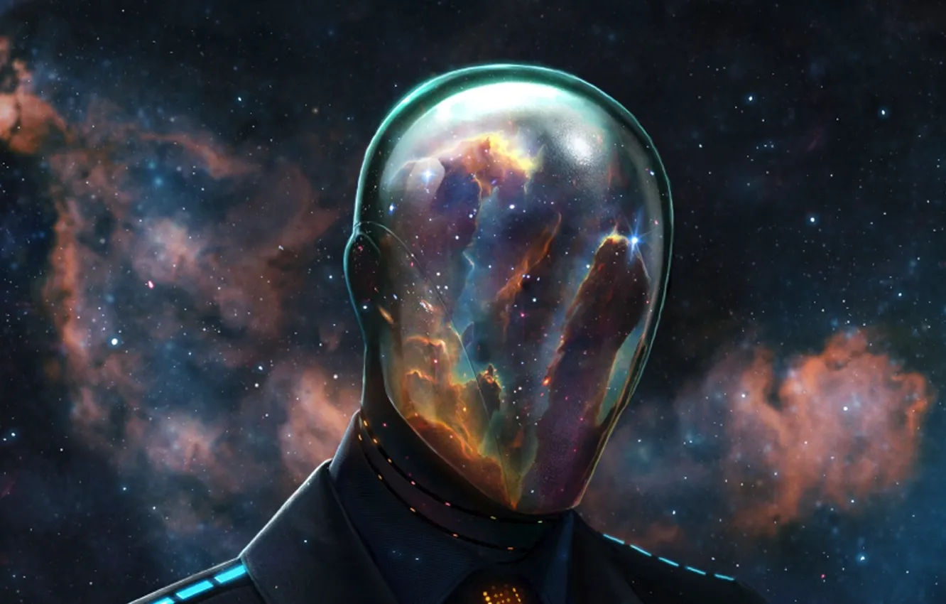 Фото обои космос, звезды, туманность, человек, скафандр, маска, шлем