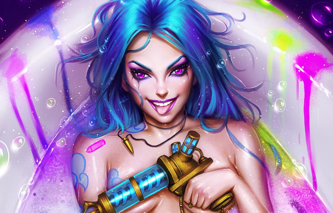 Фото обои язык, девушка, пузыри, волосы, арт, ванна, League of Legends, jinx