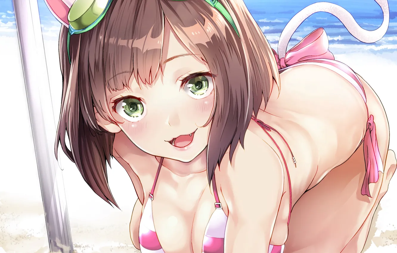Фото обои girl, sexy, cleavage, beach, green eyes, sea, brown hair, boobs