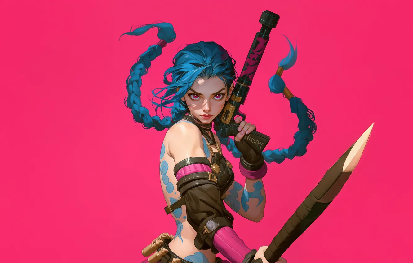 Фото обои Girl, Digital Art, League of Legends, LoL, Jinx, Pink Background, AI Art, AI Generated