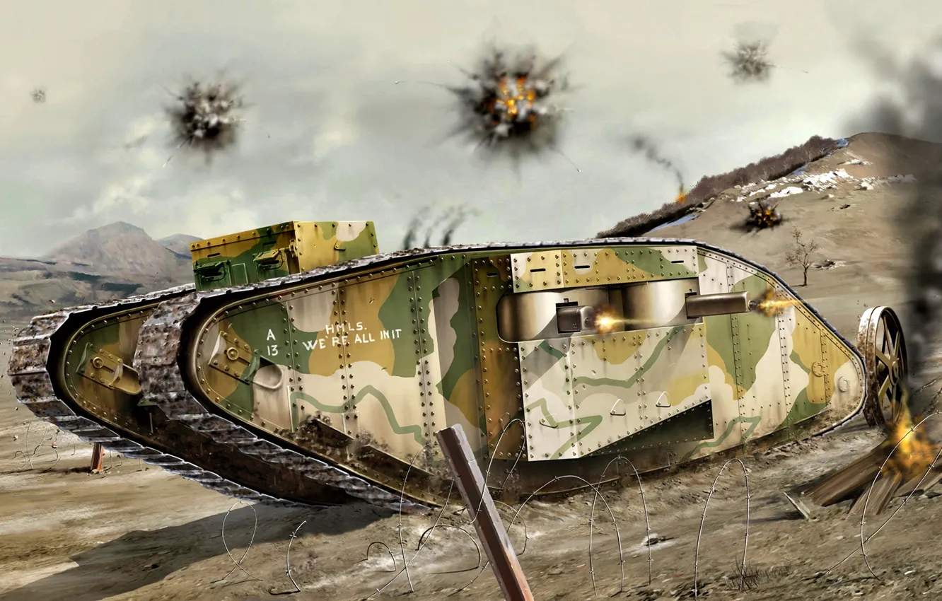 Фото обои Колючая проволока, Female, Тяжелый танк, Mark V, Первая Мировая война, Mk.V