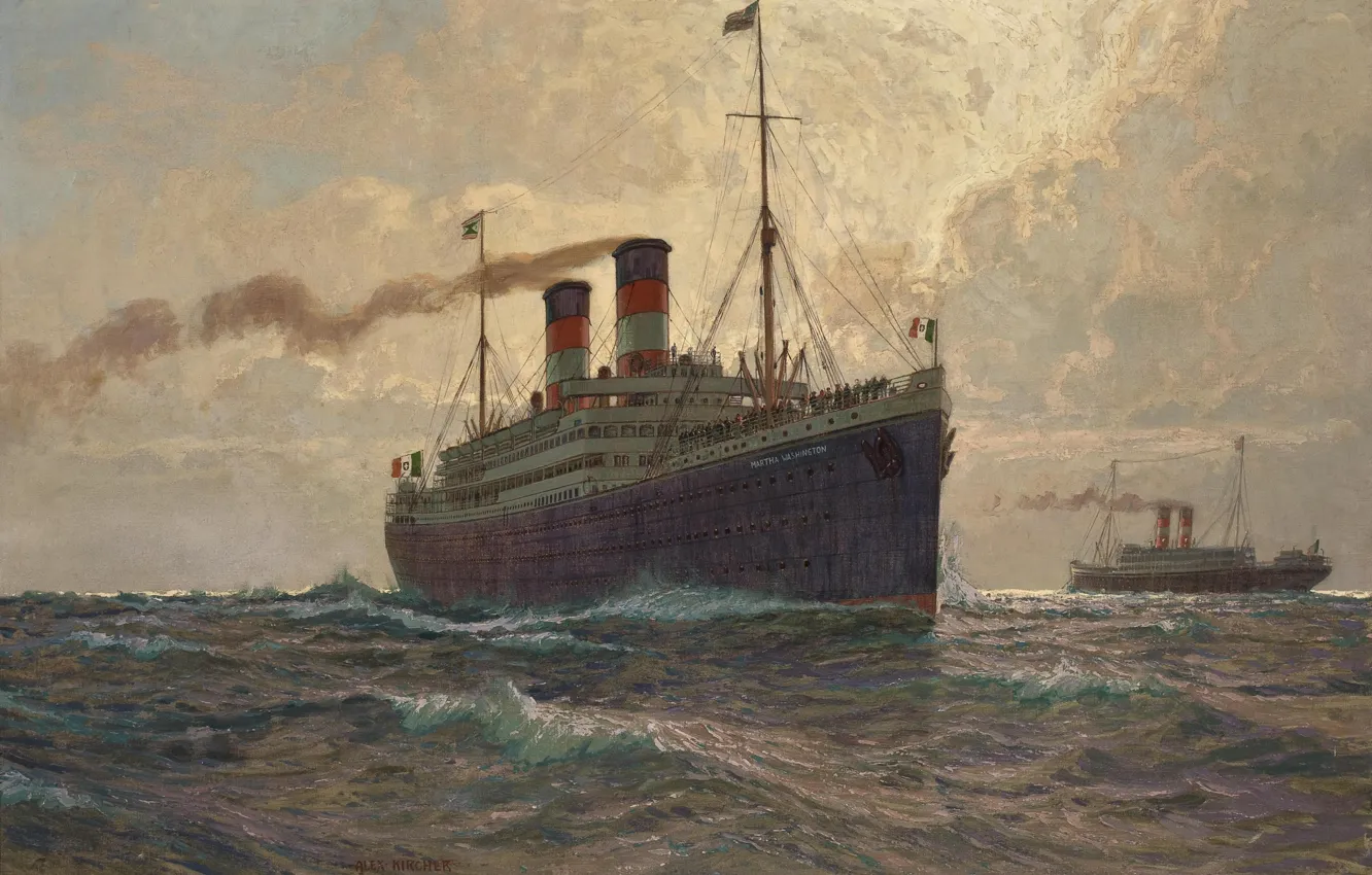 Фото обои море, волны, трубы, дым, корабль, пассажиры, теплоход, albert emil kirchner