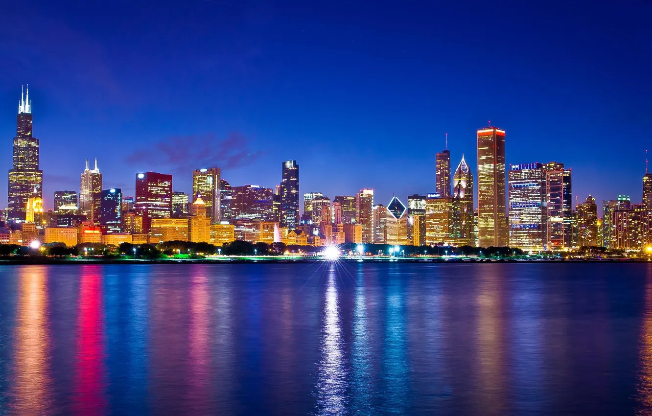 Фото обои ночь, огни, небоскребы, Чикаго, USA, Chicago, мегаполис, illinois