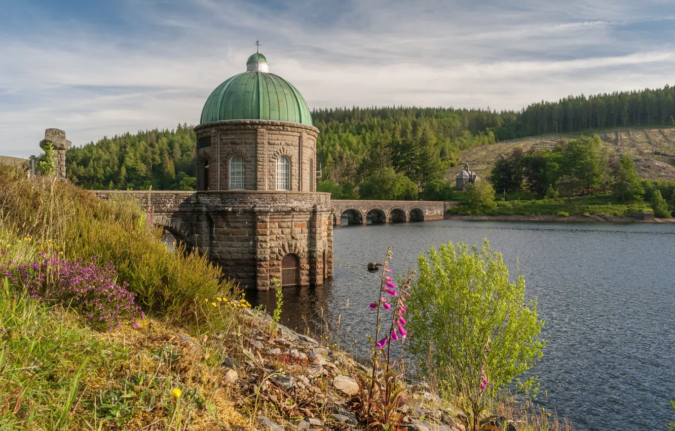Фото обои природа, башня, плотина, Уэльс, водохранилище, Garreg Ddu